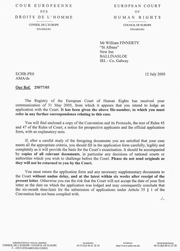 Page 1 of letter from European Court of Human Rights dated July 12th 2005 to William Finnerty